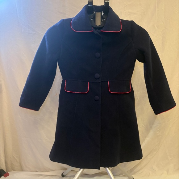 American Widgeon Jacket Girls Sz 6X Pea Wool Coat Blue w/Pink Piping Accent